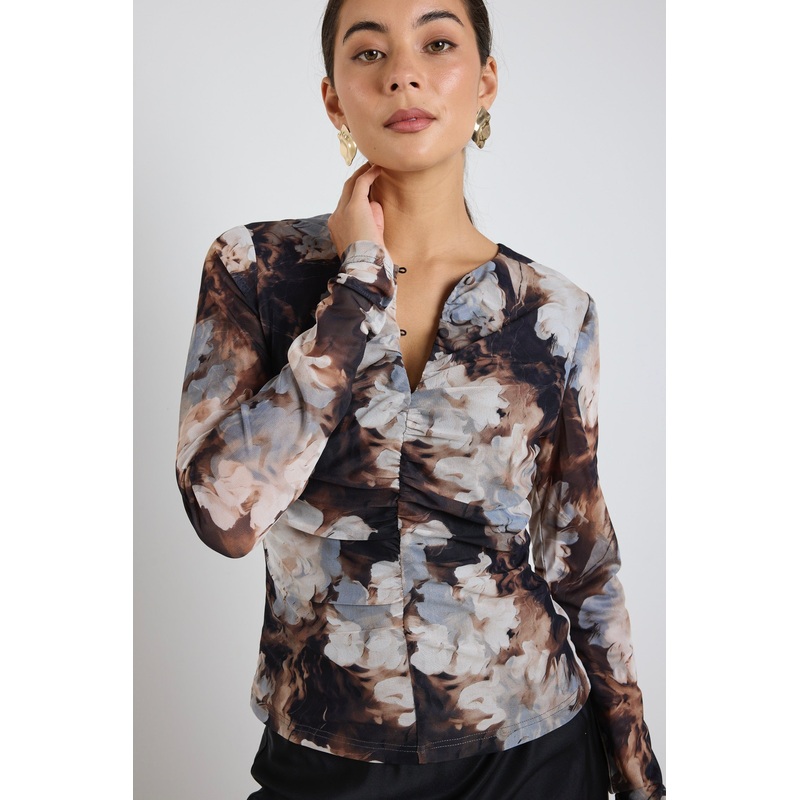 Network Sepia Floral Mesh Keyhole LS Top