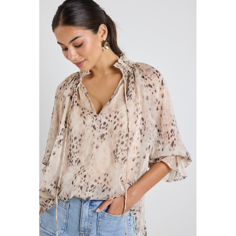 Odyssey Beige Leopard Georgette Shirred Neck LS Top