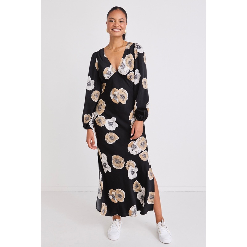 Phoenix Black Floral Satin LS Bias Midi Dress