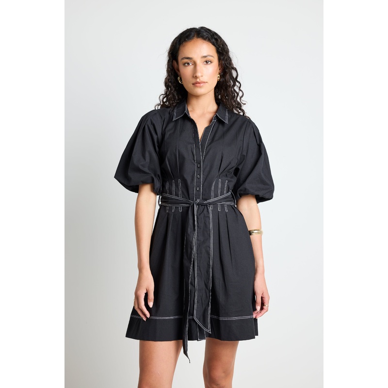Sundown Black Puff Short Sleeve Mini Shirt Dress