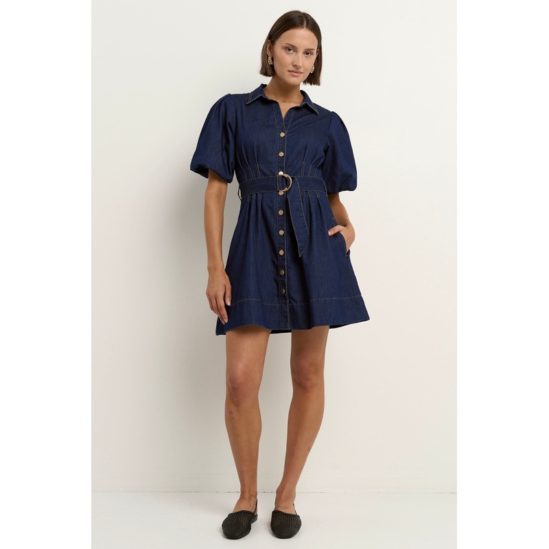 Sundown Indigo Denim Puff Sleeve Mini Shirt Dress