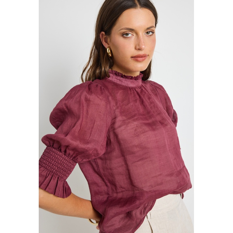 Verse Burgundy Plum Sheer High Neck Short Sleeve Top