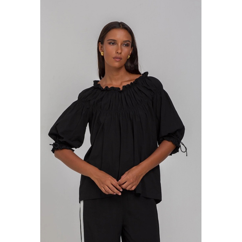 With Hope Black Shirred Neck Mid Sleeve Top