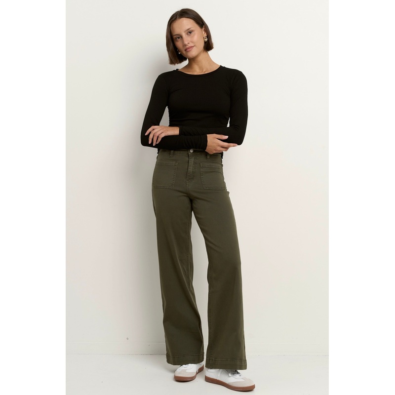 Zoey Dark Khaki High Rise Wide Leg Pocket Jean