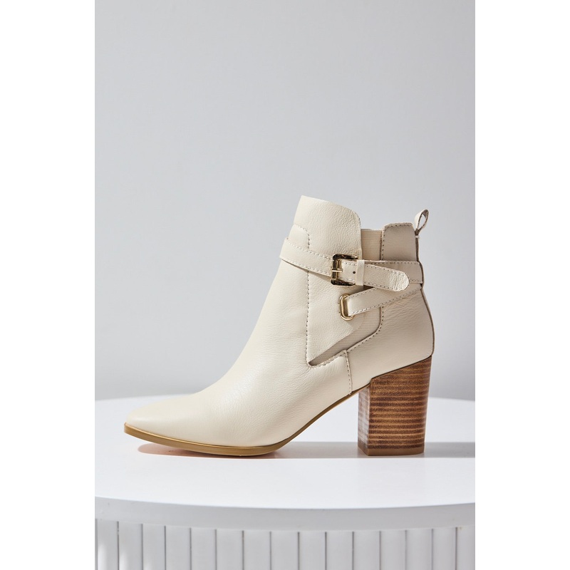 Adelaide Cream Buckle Ankle Mid Heel Boot