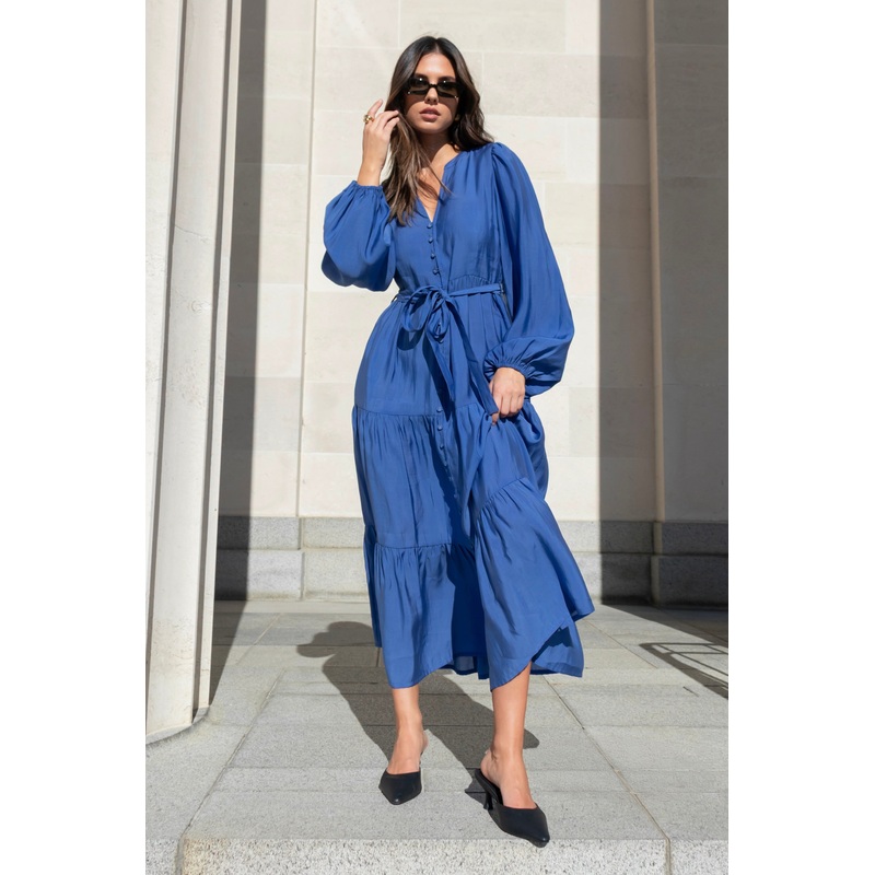 Applause Ocean Blue Balloon Sleeve Button Front Midi Dress