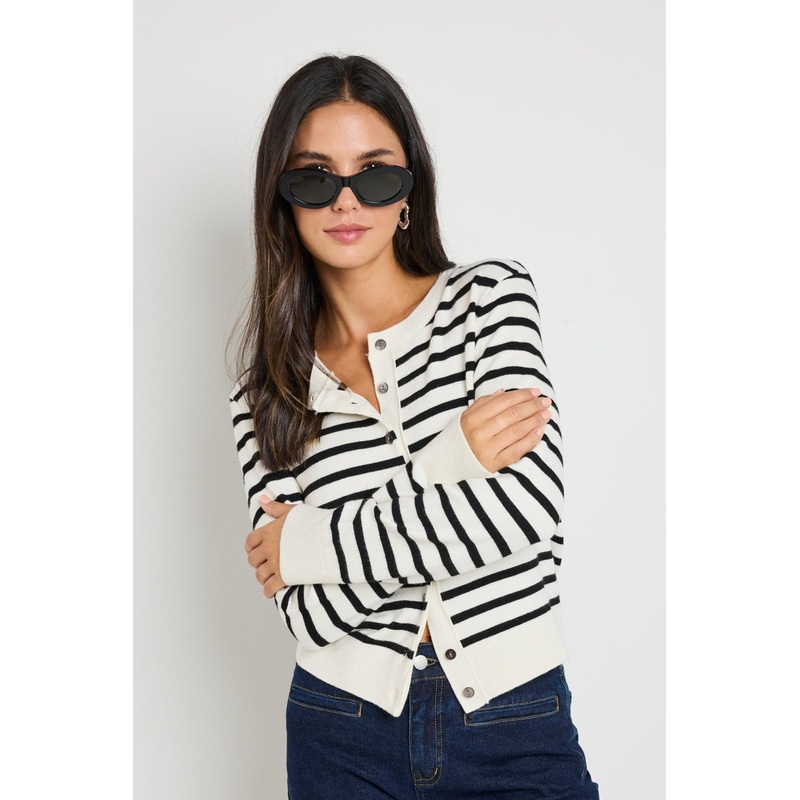 Autograph Black Stripe Cashmere Blend Crewneck Cardigan