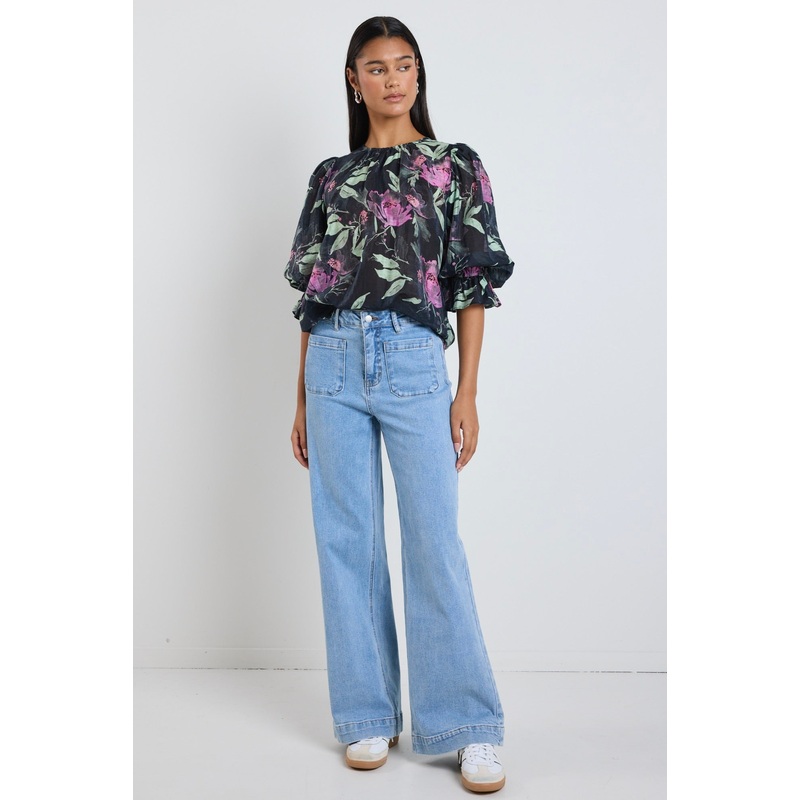 Candid Petrol Lilac Floral Crew Neck Mid Sleeve Top