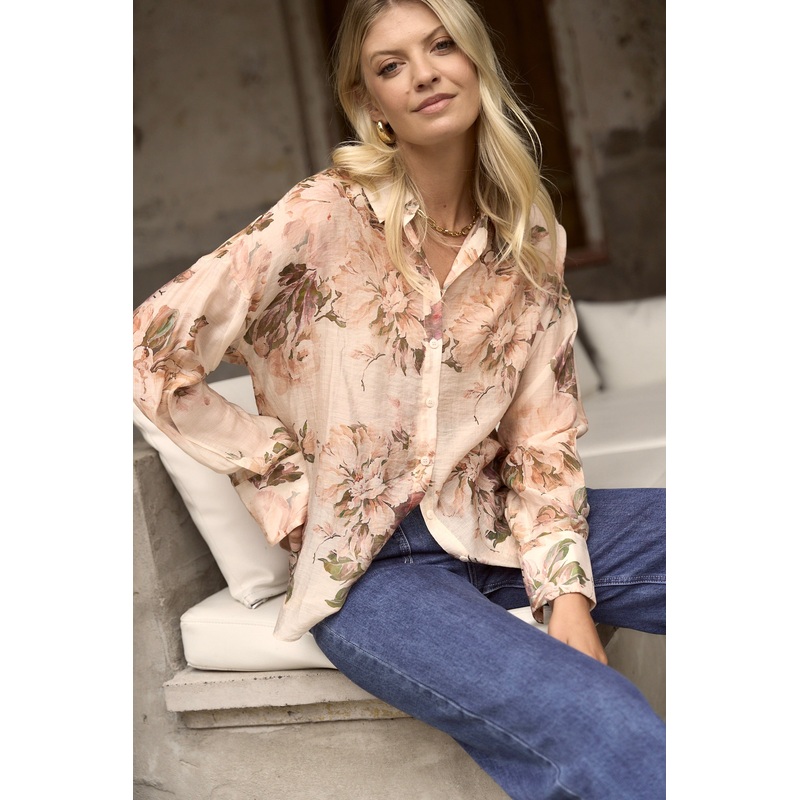 Construct Vintage Cream Floral Long Sleeve Blouse