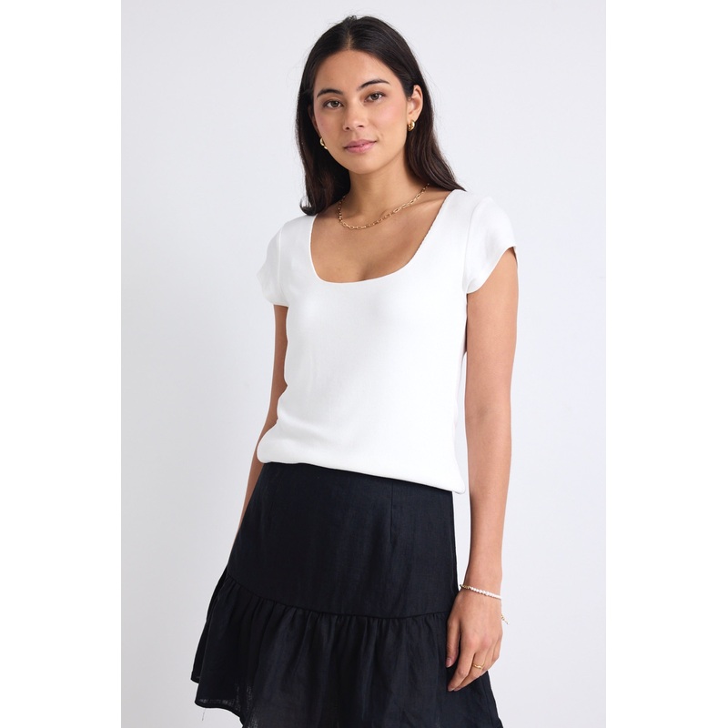 Definitive Ivory Cap Short Sleeve Square Neck Stretch Top