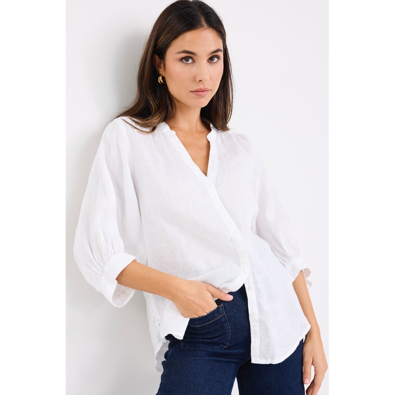 Deity White Linen Button Through Puff Sleeve Ss Blouse