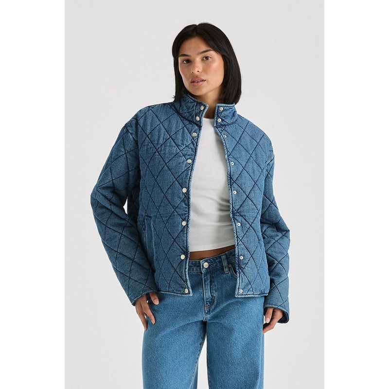 Denim Blue Haze Quilted Bomber Jacket