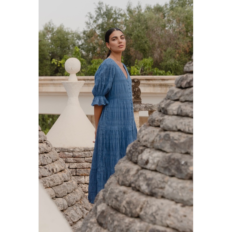 Dreamy Steel Blue Bubble SS Button Front Tiered Maxi Dress