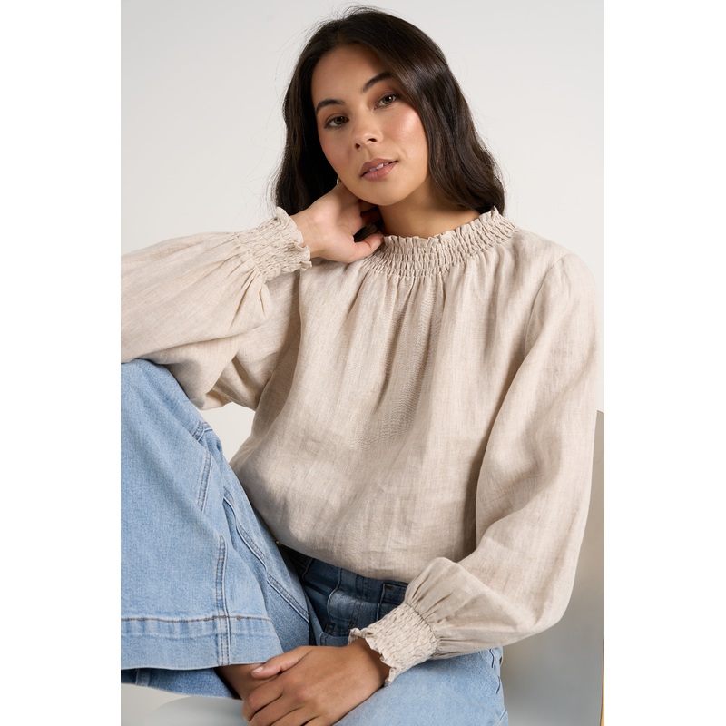 Embrace Natural Linen Shirred Neck LS Top