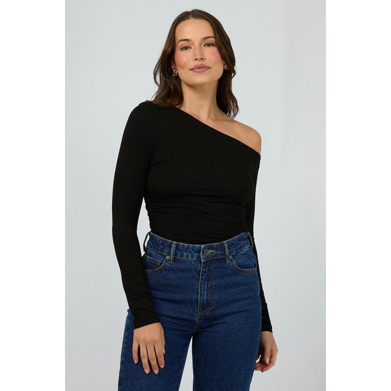 Evie Black Ruched Off Shoulder LS Top