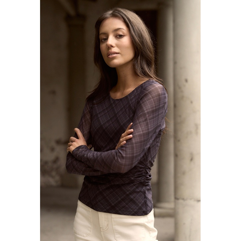 Explore Charcoal Check LS Wide Neck Top