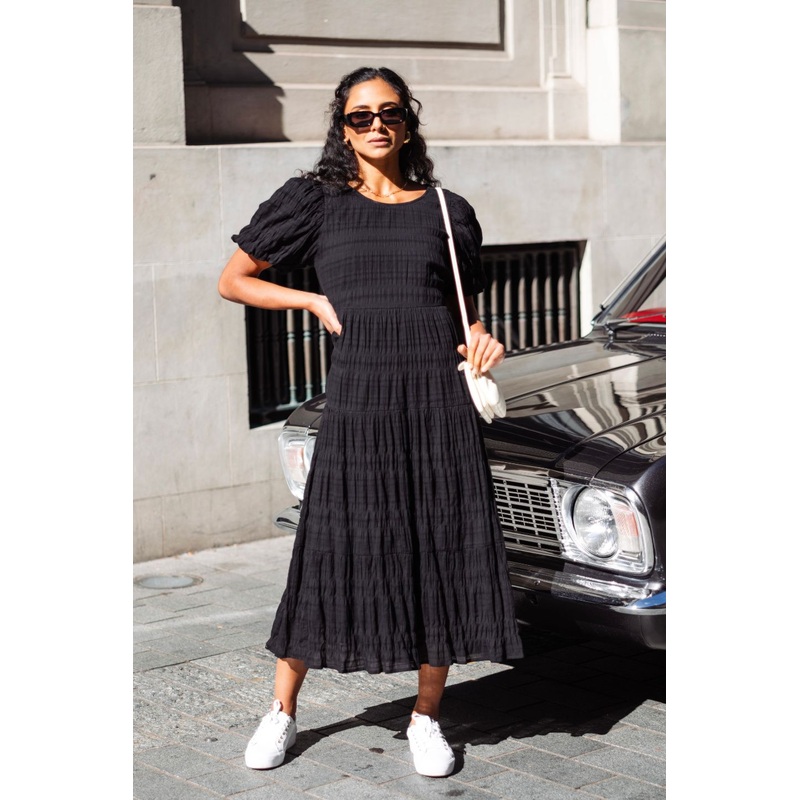 Graceful Black Shirred Cotton Bubble Sleeve Tiered Maxi Dress