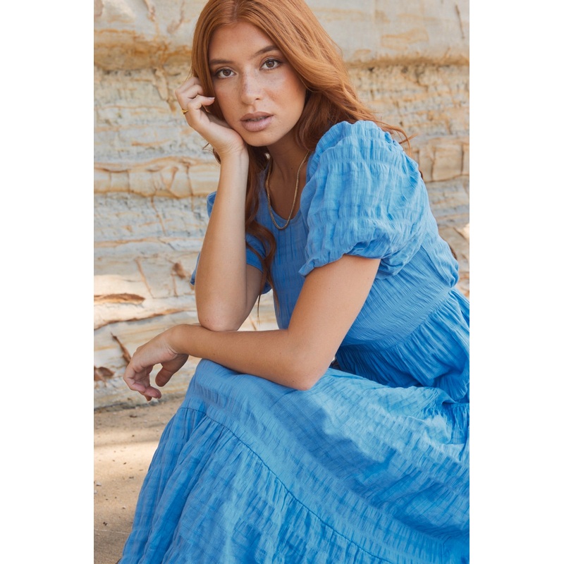 Graceful French Blue Shirred Cotton Bubble Sleeve Tiered Maxi Dress