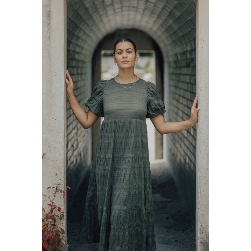 Graceful Khaki Shirred Cotton Bubble Sleeve Tiered Maxi Dress