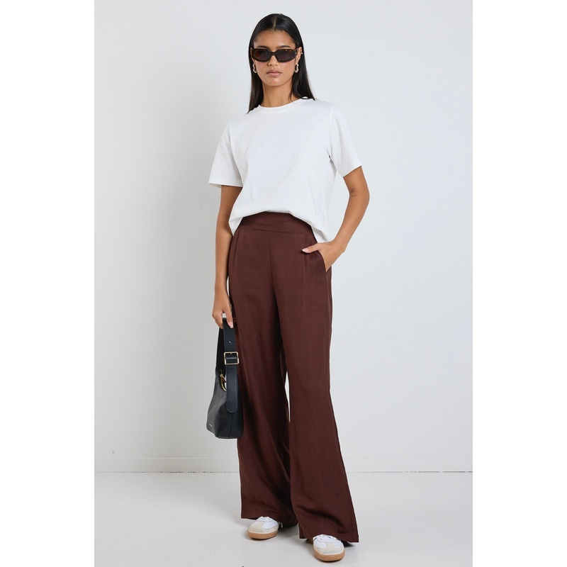 Guardian Chocolate Linen Viscose Elastic Back Pants