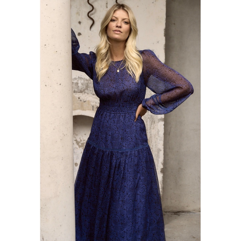 Heavenly Black Ocean Floral Balloon Sleeve Floaty Maxi Dress