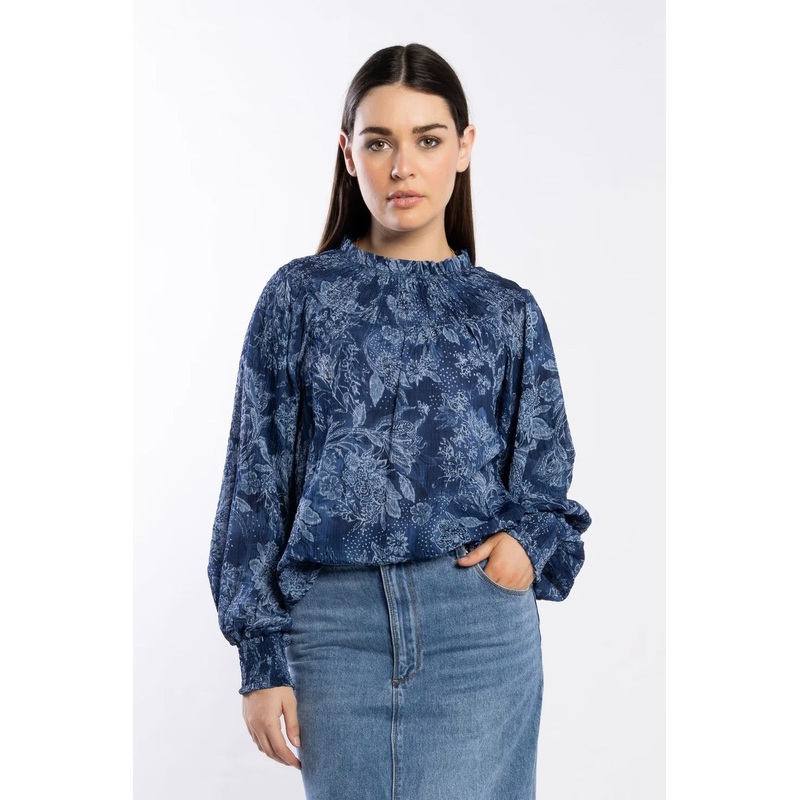 Karin Blue Paisley Rouched Yoke Neck LS Top