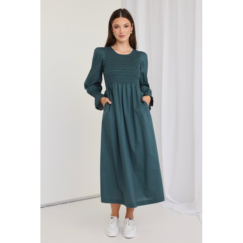 Lark Forest Cotton LS Shirred Bodice Midi Dress