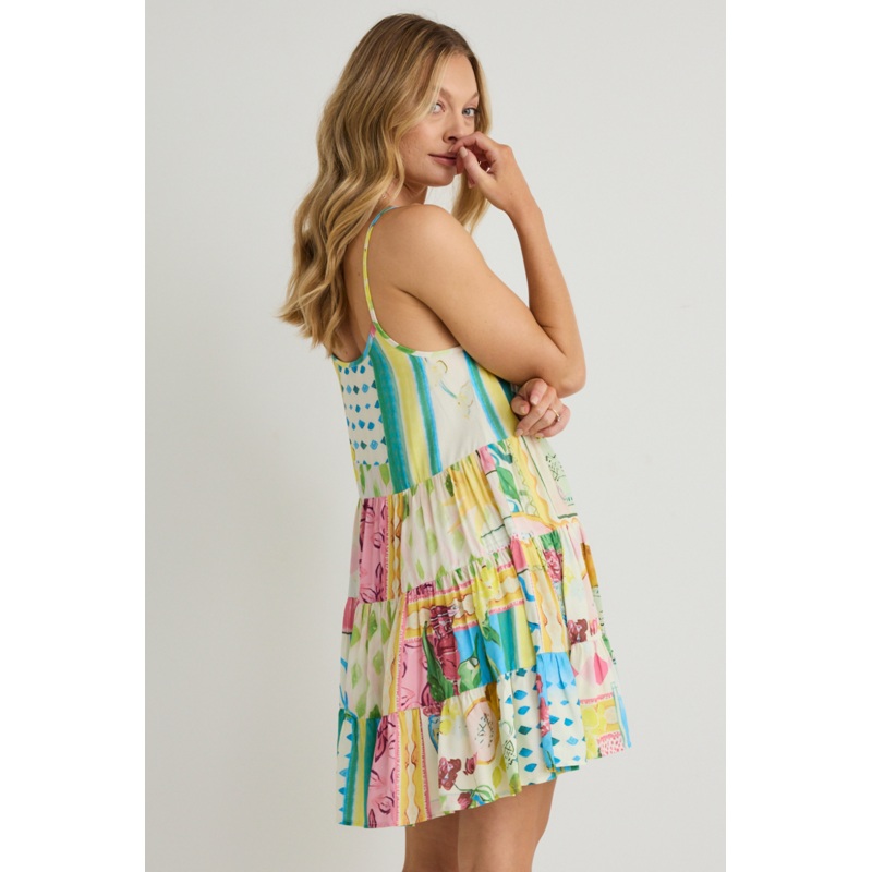Memphis Pink Holiday Print Strappy Tiered Mini Dress