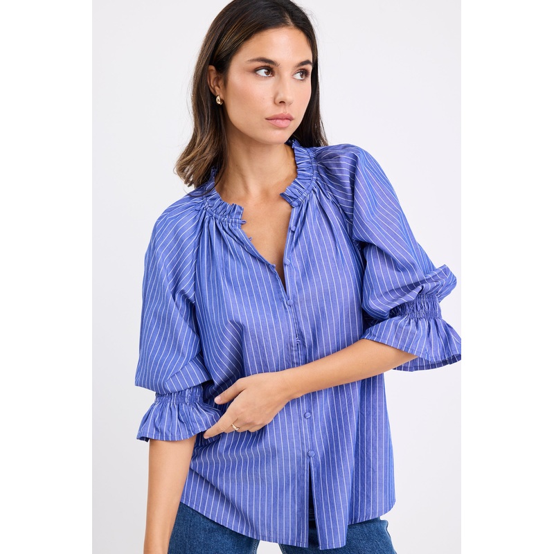 Noetic Dark Blue Stripe Short Sleeve Blouse