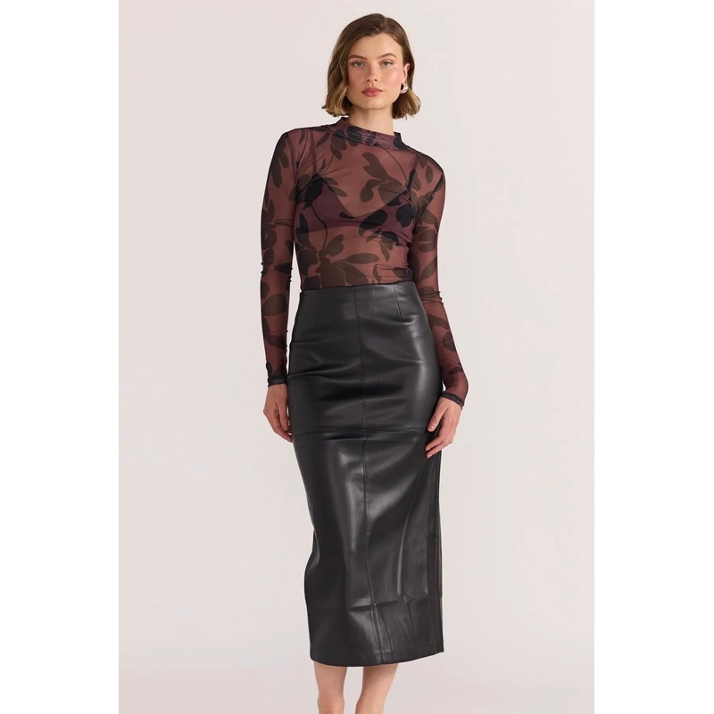 Olina Brown Abstract Floral Mesh High Neck LS Top