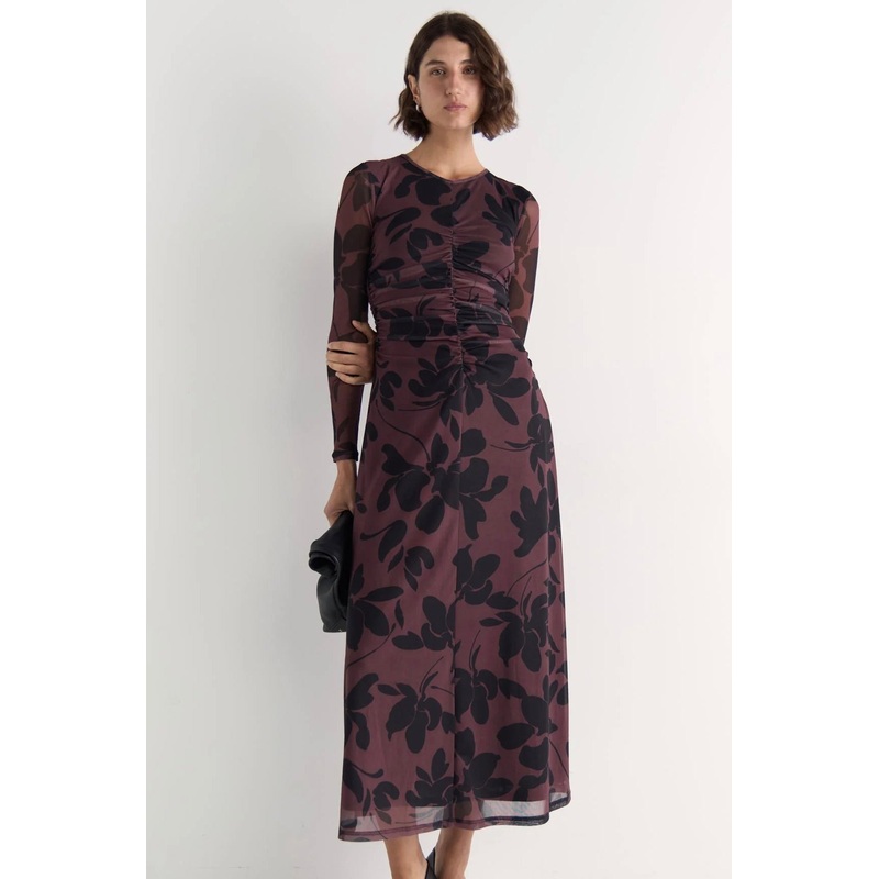 Olina Brown Floral Mesh Maxi Dress