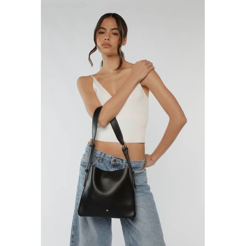 Otto Black Grain Vegan Leather Slouch Bucket Bag