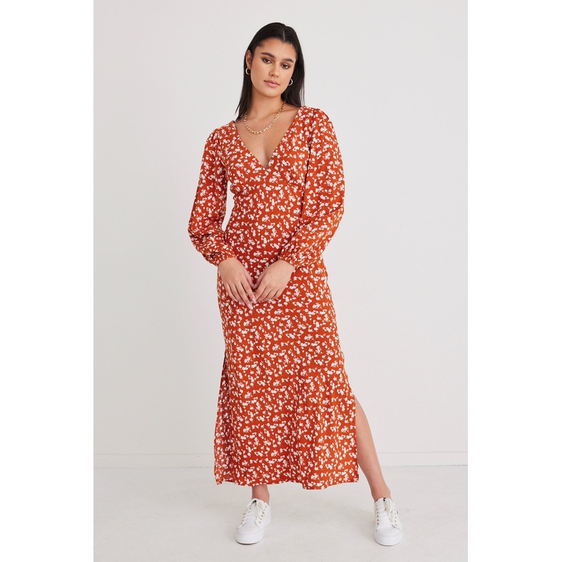 Phoenix Copper Ditsy Ls Bias Midi Dress