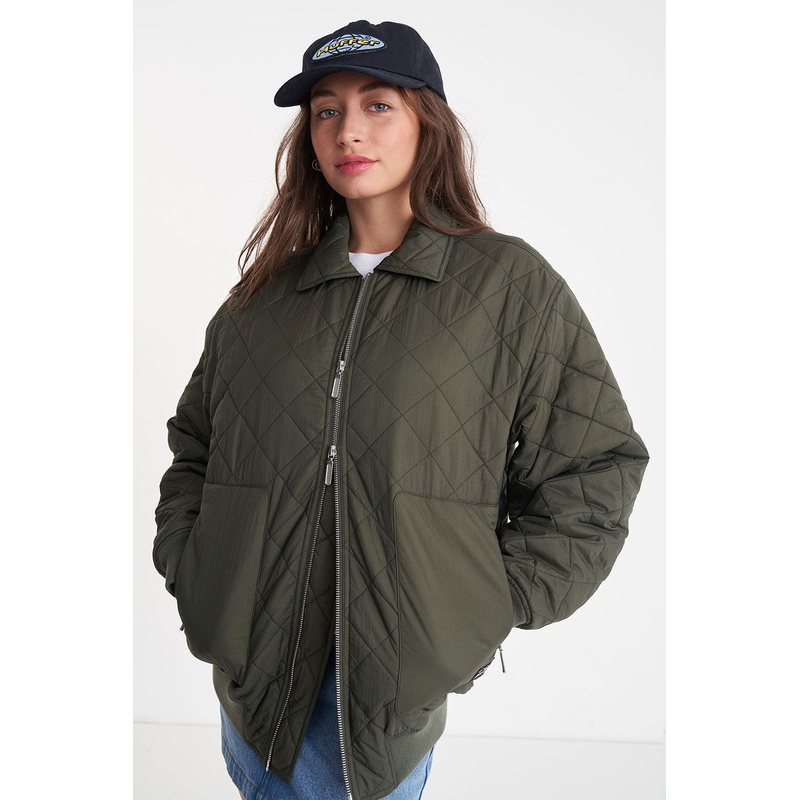 Quilted Longline Khaki Bomber Jacket