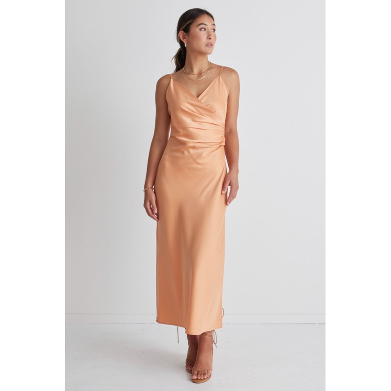 Rapture Papaya Satin Strappy Mock Wrap Midi Dress