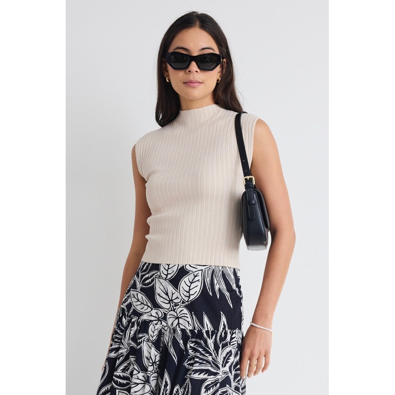Regal Bone Sleeveless Funnel Neck Rib Knit Top