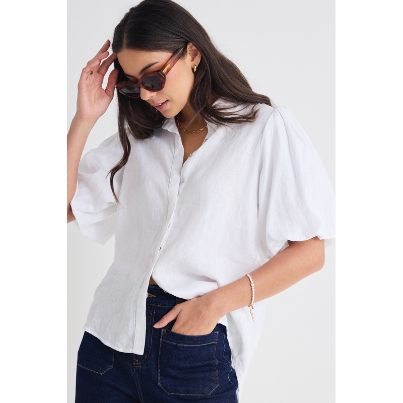 Rested White Linen Bubble Sleeve Shirt