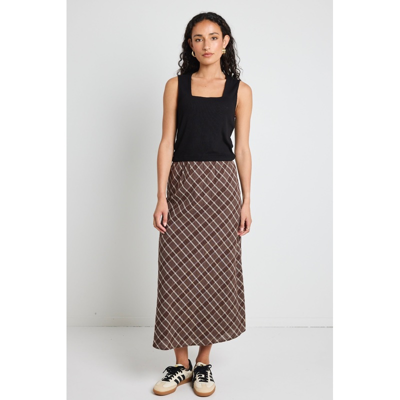 Soulmate Chocolate Check Bias Cut Midi Skirt