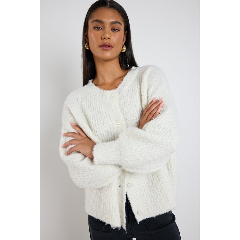 Teddy Ivory Chunky Crewneck Boucle Knit Cardigan