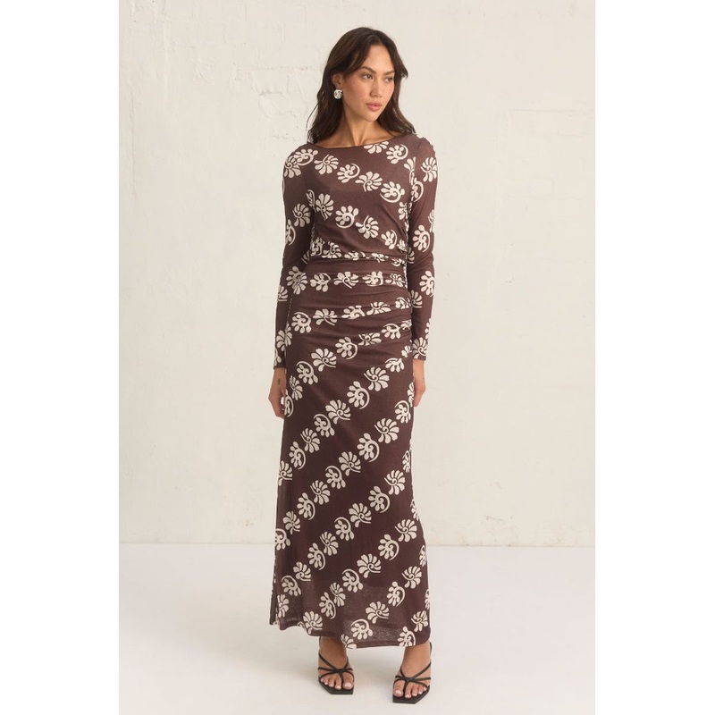 Toledo Chocolate Print Mesh LS Maxi Dress