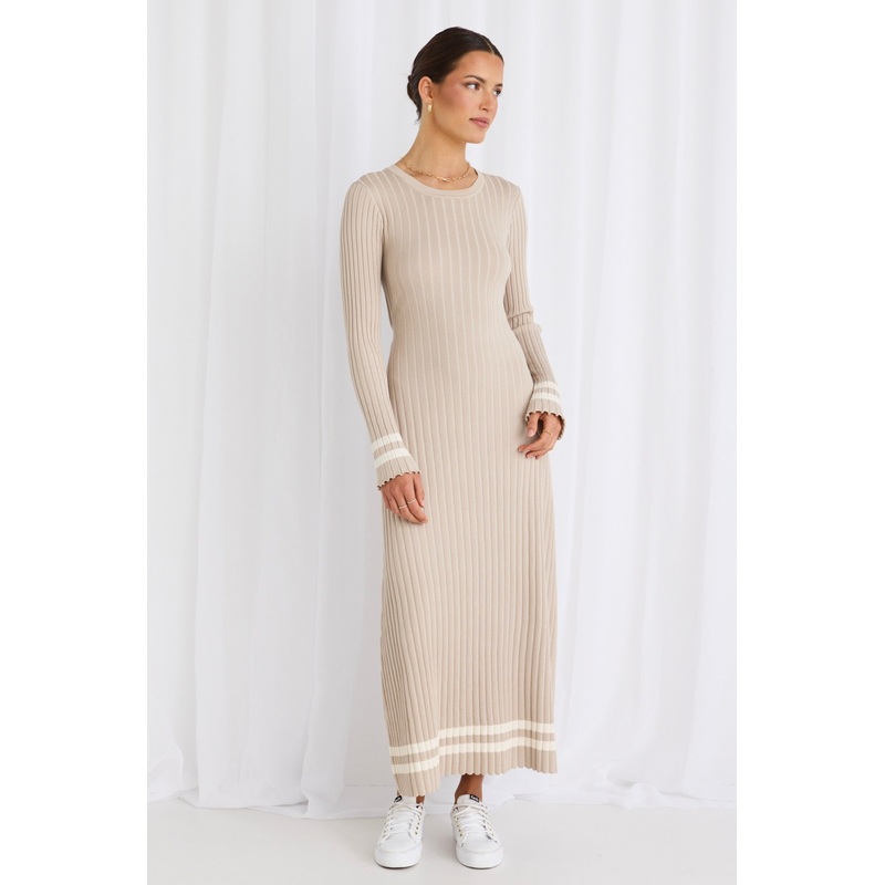 Willow Taupe Stripe LS Crew Neck Maxi Knit Dress