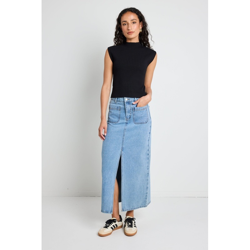 Zoey Sea Blue Pocket Front Denim Midi Skirt