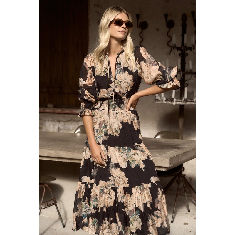 Addition Navy Peach Floral LS shirred Waist Tiered Maxi Dress