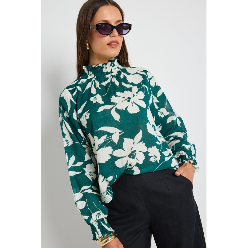 Affection Forest Floral Shirred High Neck LS Top