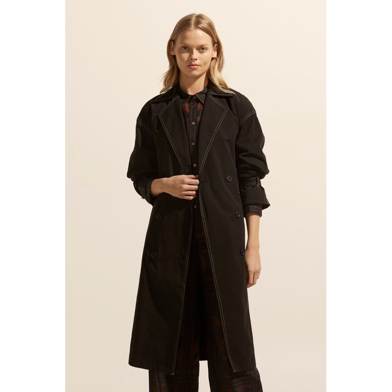 Agent Black Contrast Stitch Trench Coat