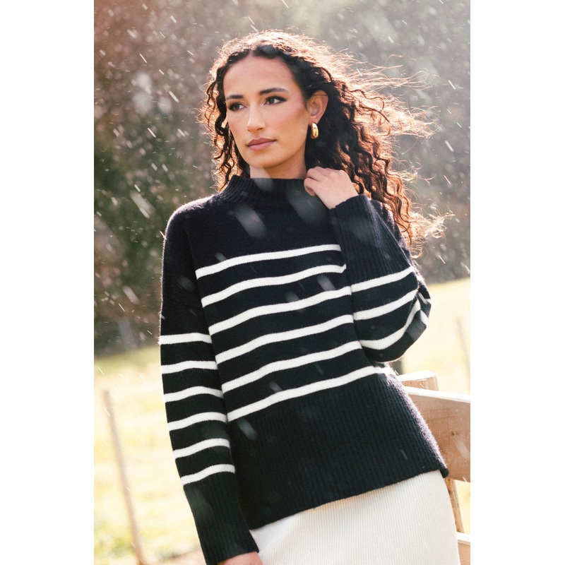 Alaska Black Stripe Funnel Neck Knit Jumper