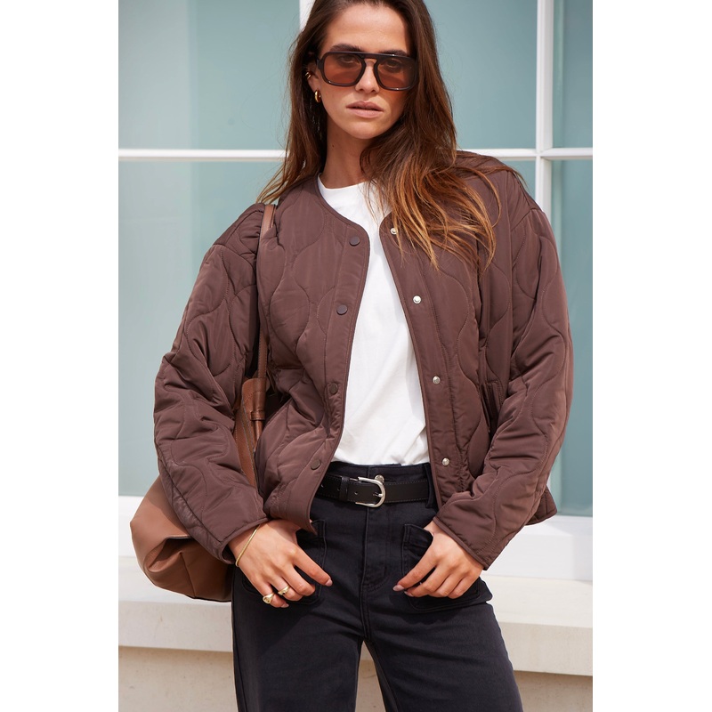 Apex Chocolate Collarless Puffer Jacket