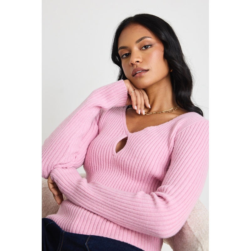 Apollo Candyfloss LS Rib Knit Split Front Top