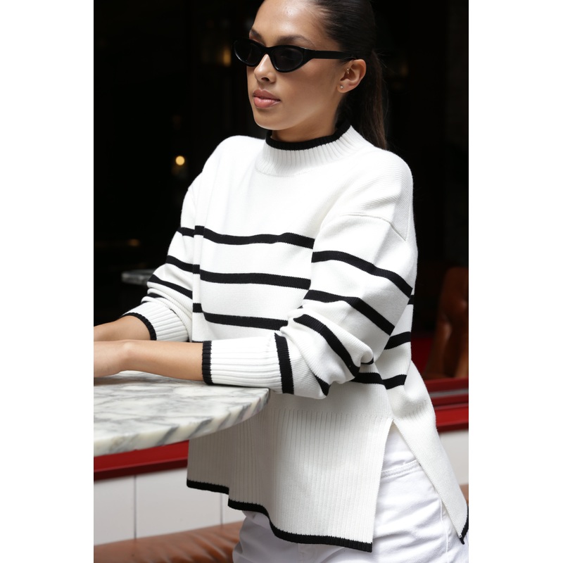 Ardent White Stripe Funnel Neck Jumper