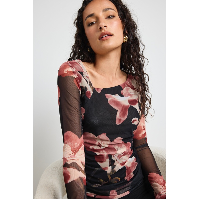 Askew Blush Floral Mesh Asymmetrical LS Top